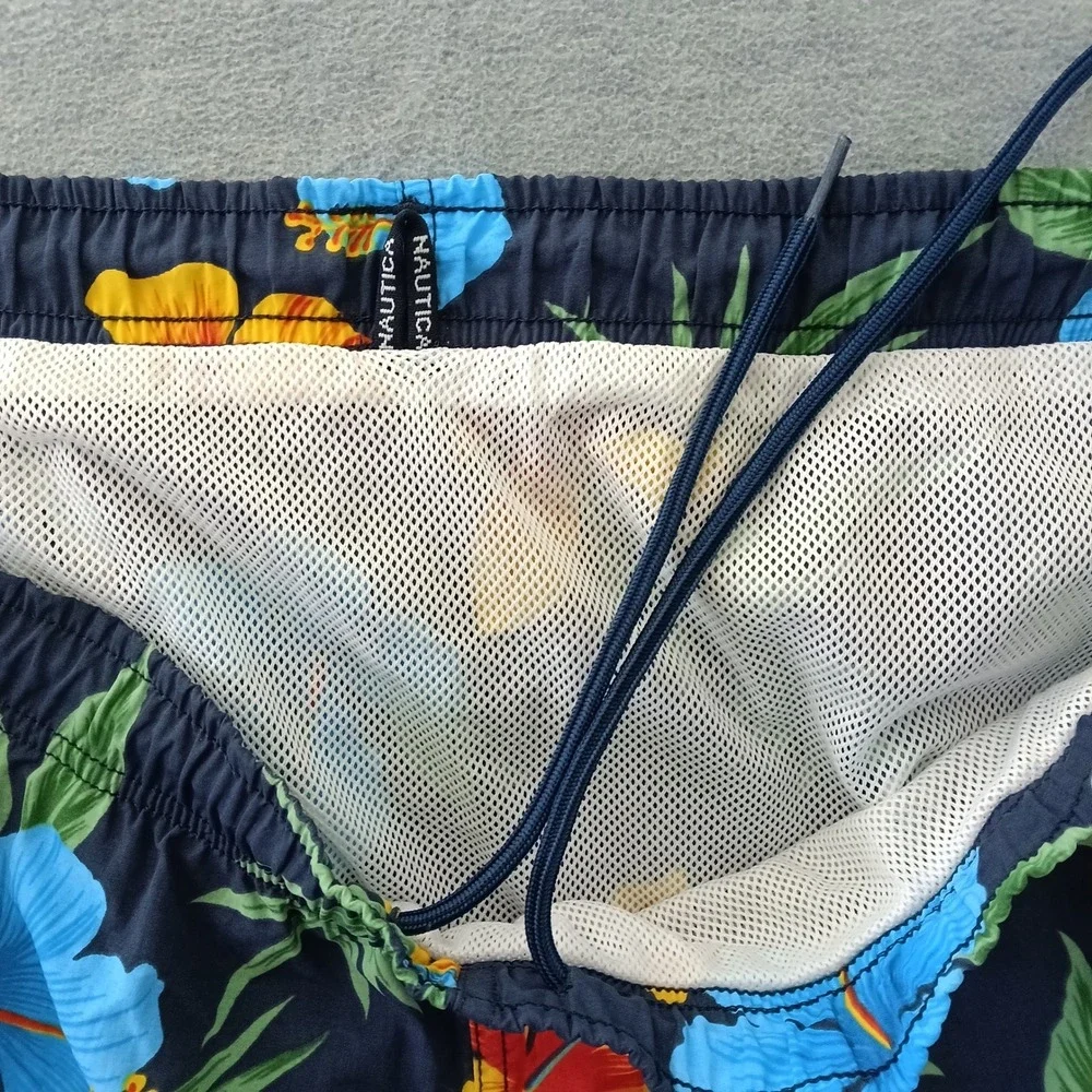 Nautica Mens XL Swim Trunks Navy Blue Tropical Hibiscus Floral Mesh Lined
